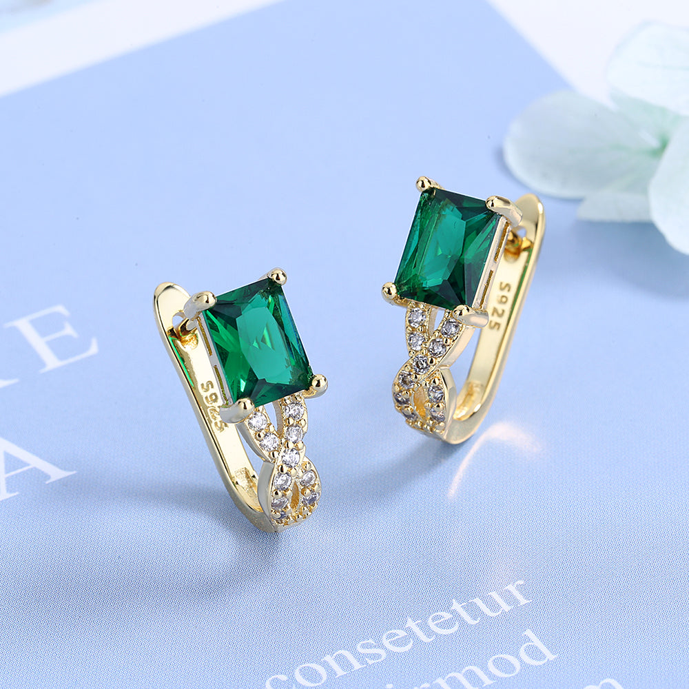 Sterling Silver Sapphire and 14K Gold Emerald Huggie Earring