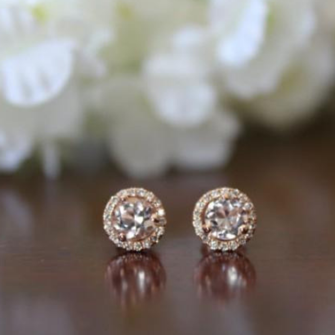 Amy and Annette 14K Gold or Sterling Silver Round Halo Earrings with Crystals