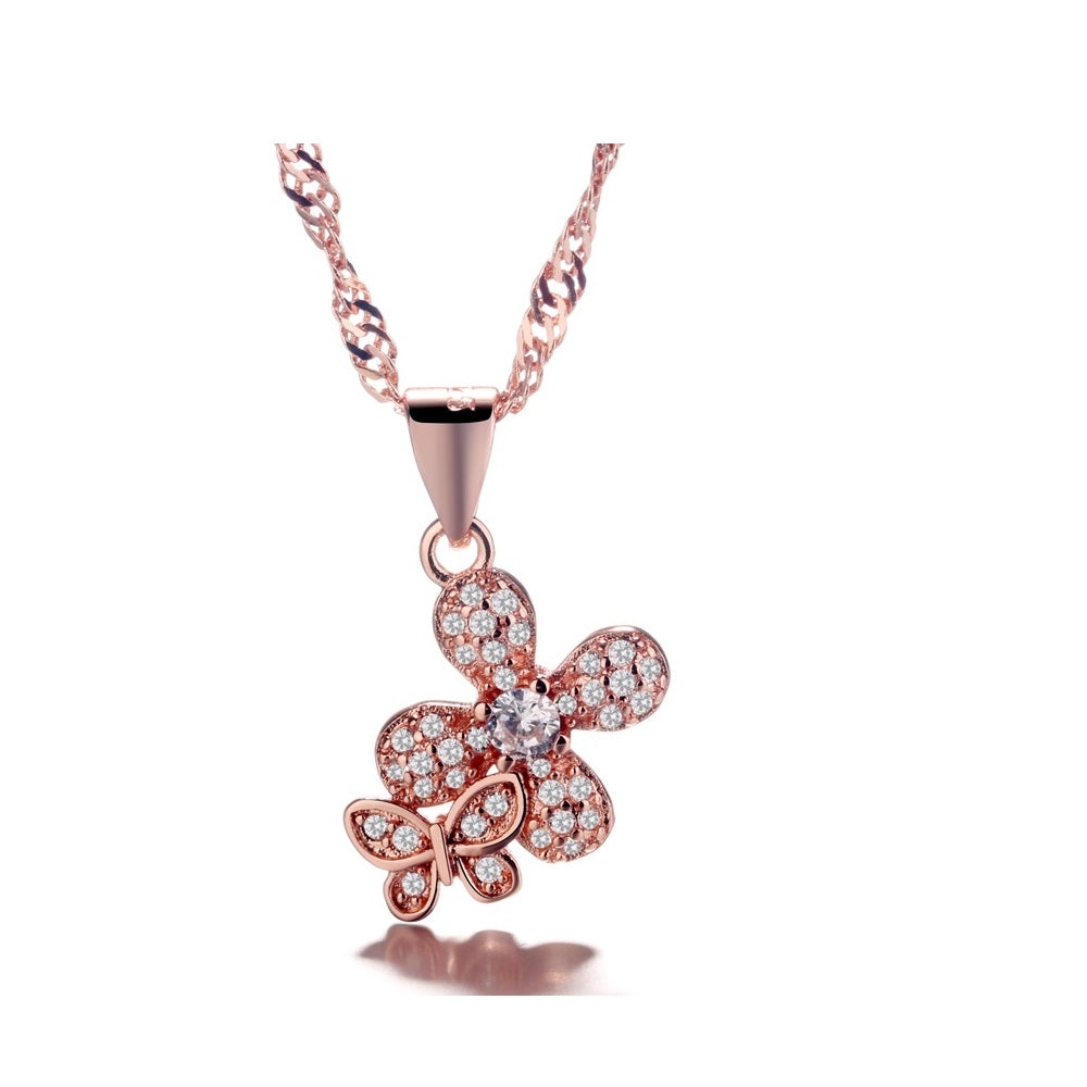 Sterling Silver and Genuine Crystal Butterfly on Flower Pendant Necklace
