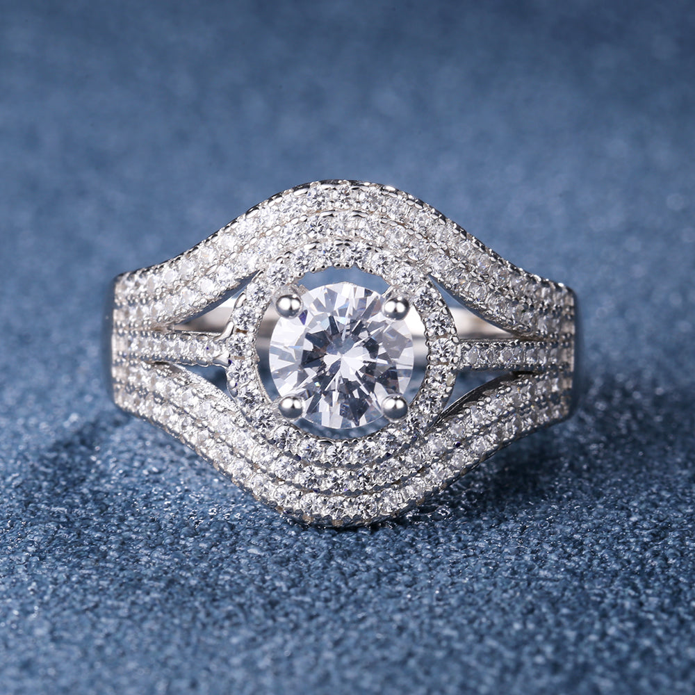 Silver-Tone 5 Row Halo Engagement Ring with Simulated Diamonds