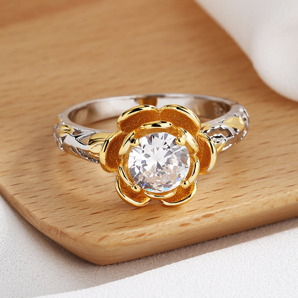 Amy and Annette 14K Gold over Sterling Silver Floral Ring with Simulated Diamonds