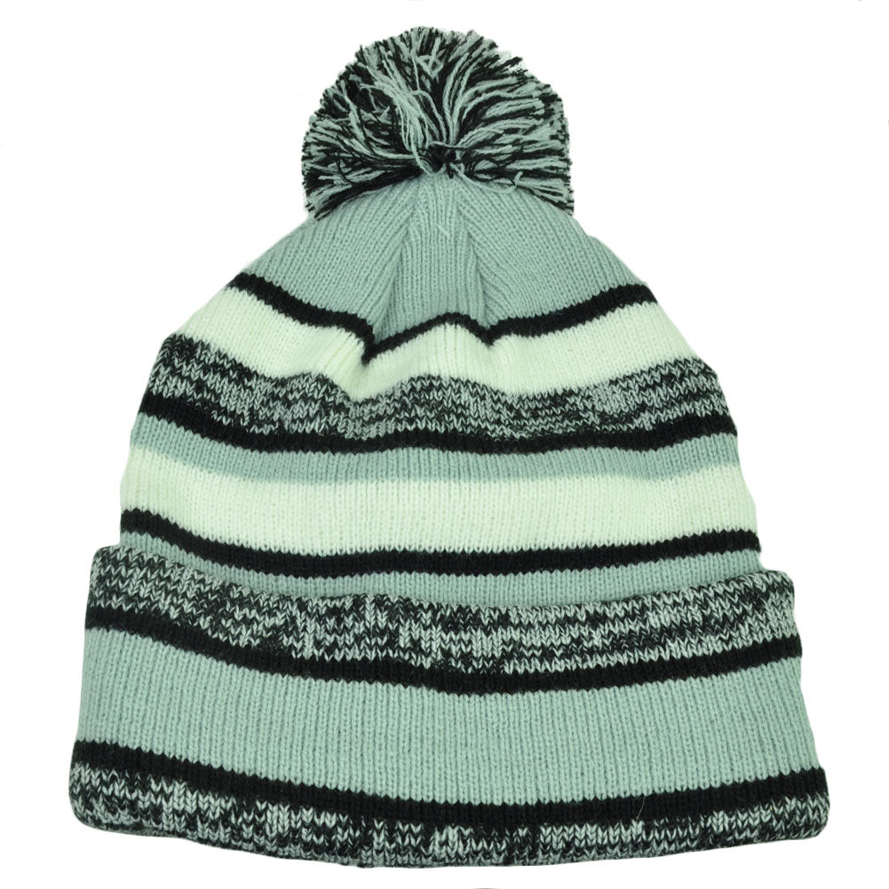Striped Grey Black Cuffed Knit Beanie Hat Winter Pom Pom Toque Thick Blank Skull
