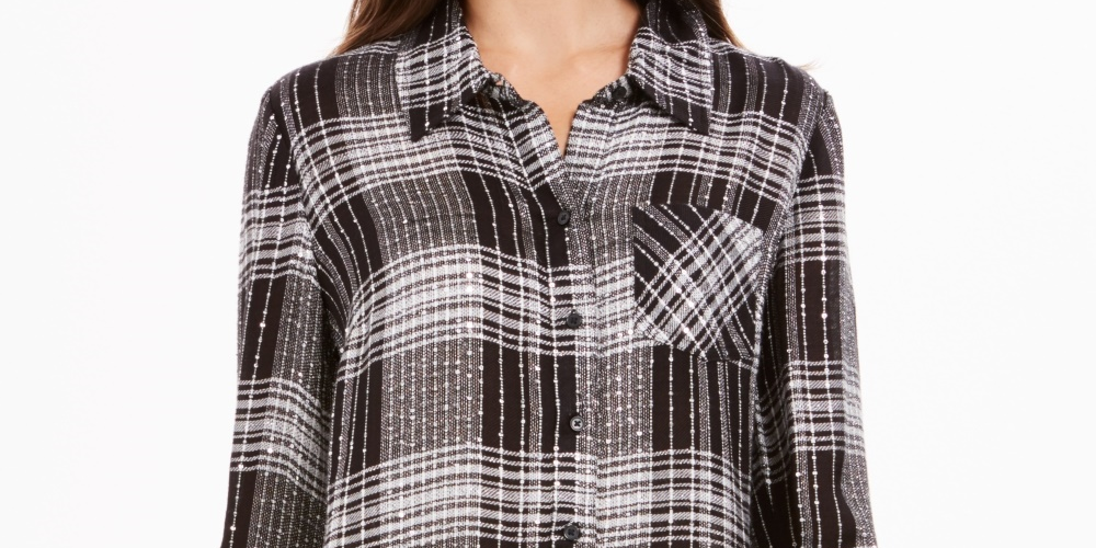Style & Co Women's Sequined Plaid Shirt Black Size Petite Small