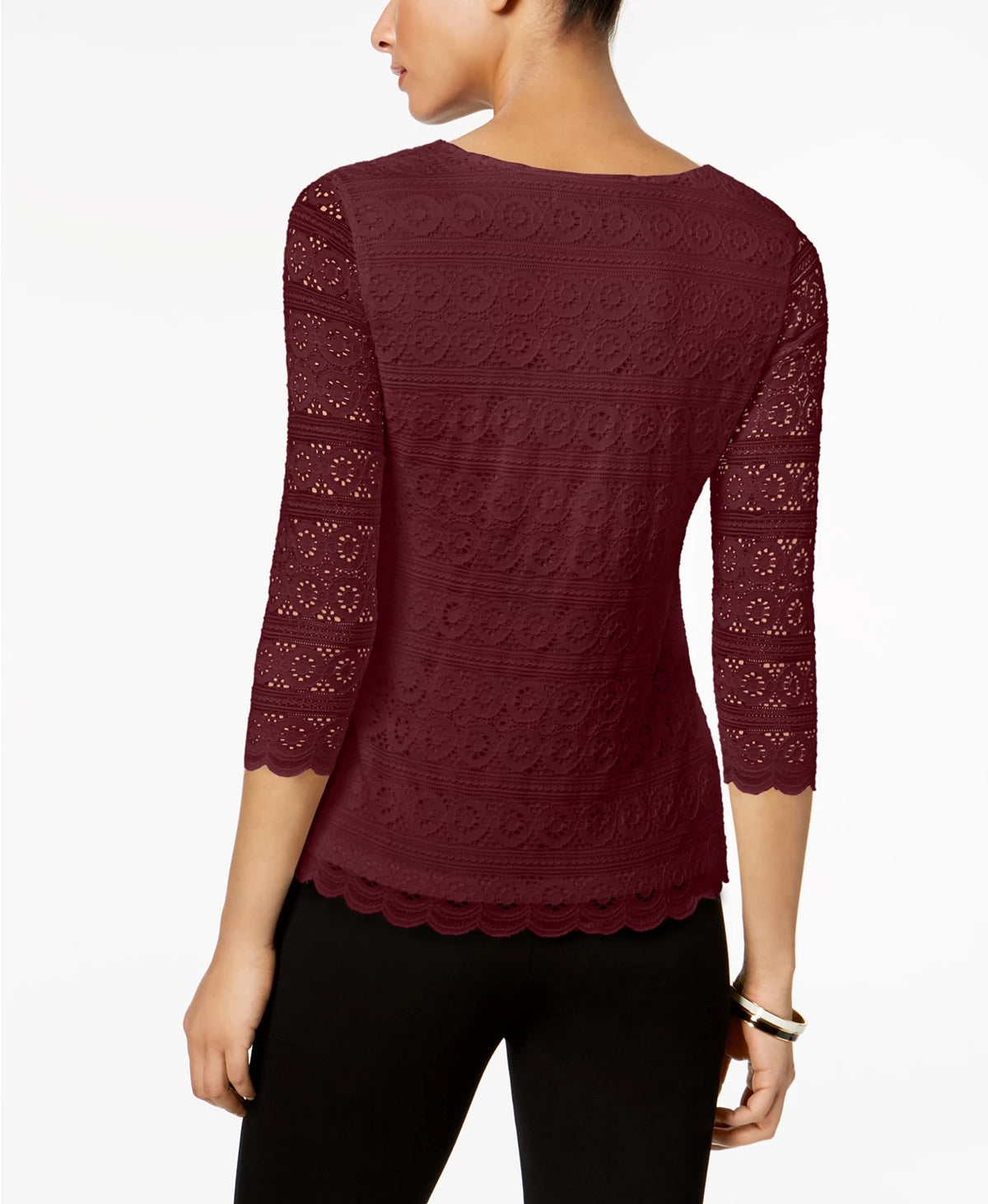 Charter Club Women's Petite Lace 3/4-Sleeve Top  Wine Size Petite