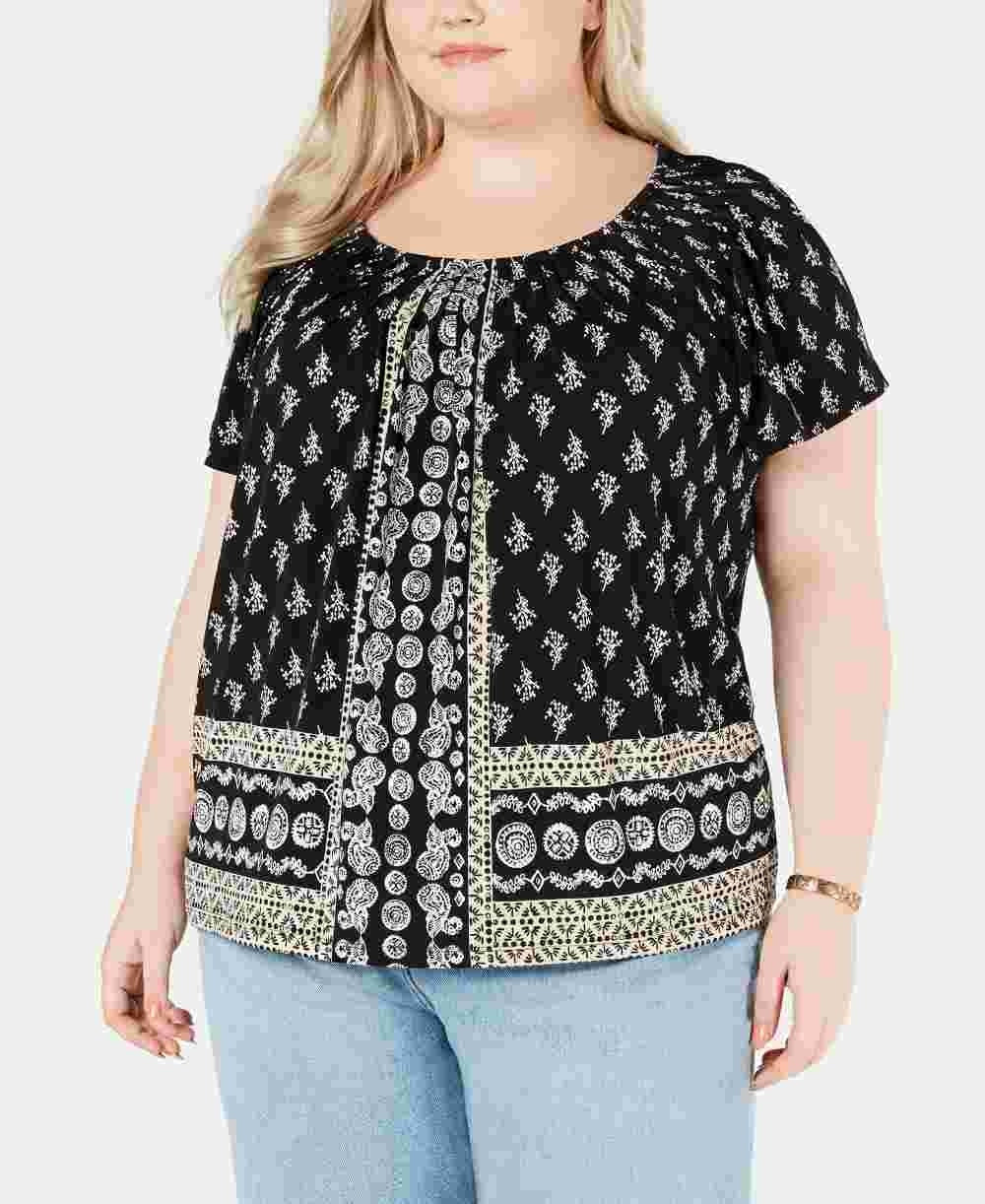 Style & Co Women's Plus Size Print Pleated-Neck Top Black 0X