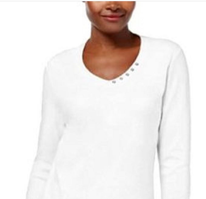 Karen Scott Women's Cotton V Neck Button Trim Top White Size Large