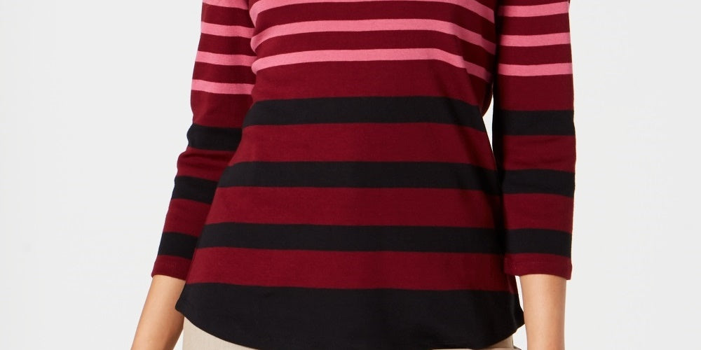 Charter Club Women's Pima Cotton Button Shoulder Stripe Top Red Size X-Large