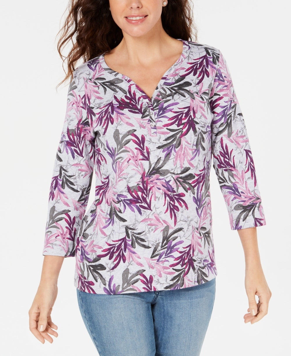 Karen Scott Women's Printed Henley -Grey Size Petite Small