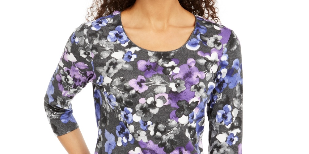 Karen Scott Women's Printed 3/4 Sleeve Top -Gray- Size Petite Small-Medium