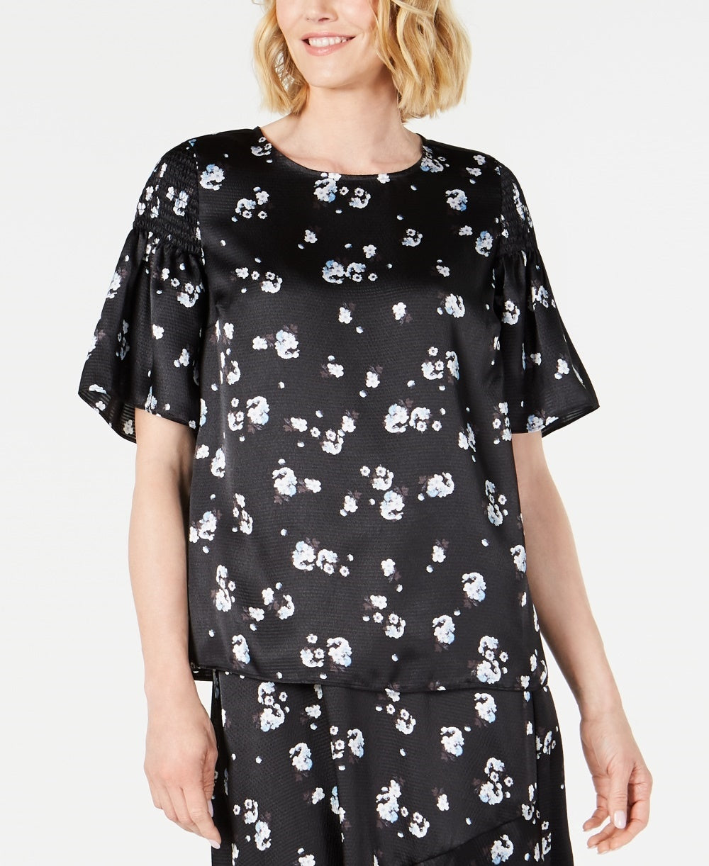 Alfani Women's Floral Print Satin Smocked Shoulder Top Black Size Large