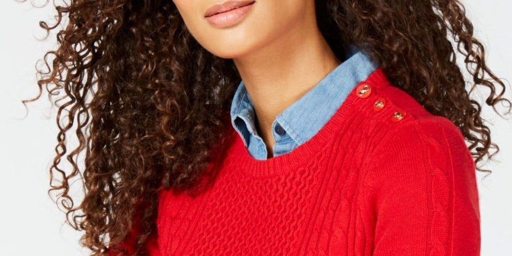 Charter Club Women's Patterned Long Sleeve Crew Neck Sweater Red Size Petite Small