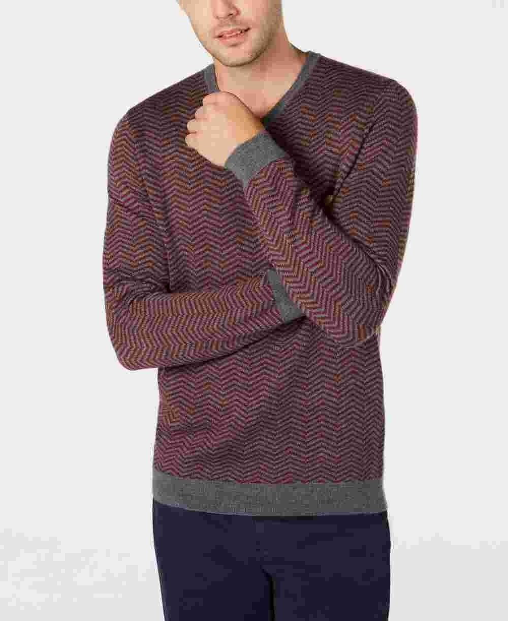 Tasso Elba Men's Merino Wool Blend V-Neck Herringbone Sweater Red Size Large