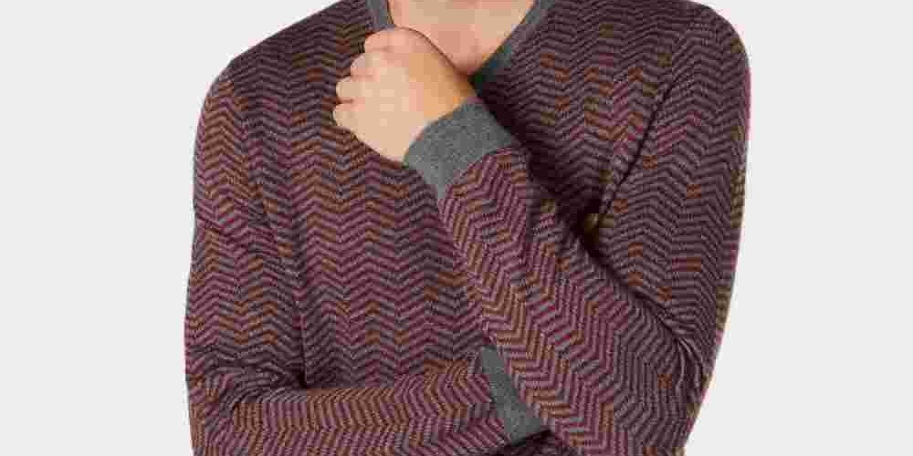 Tasso Elba Men's Merino Wool Blend V-Neck Herringbone Sweater Red Size Large