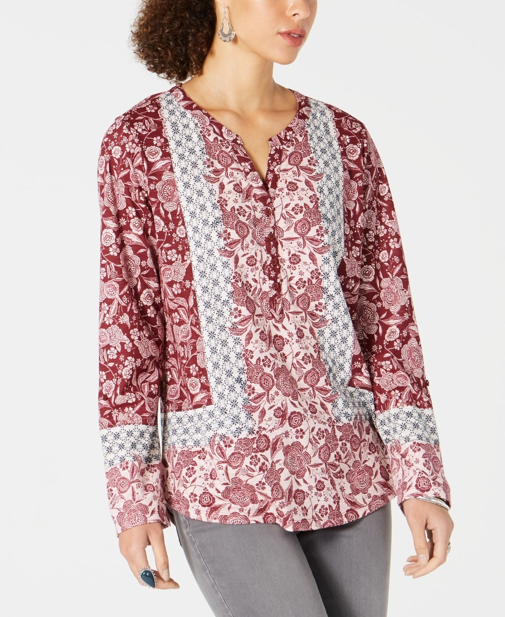 Style & Co Women's Patchwork Print Top Red Size Large