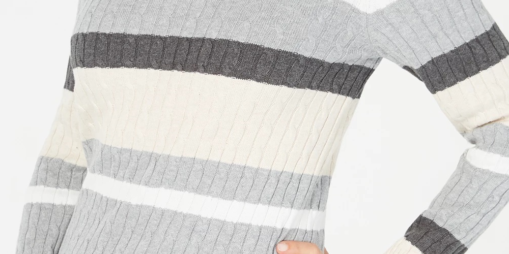 Karen Scott Women's Petite Cotton Striped Cable-Knit Sweater Brown Size Petite