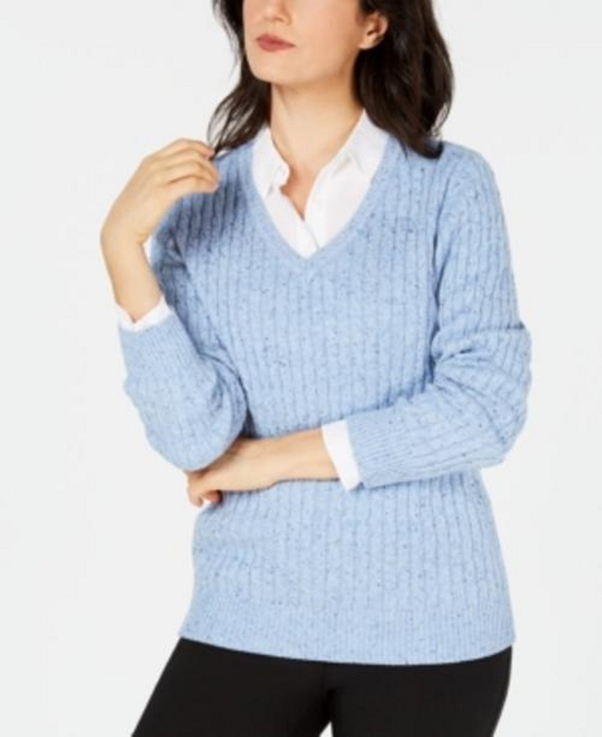 Karen Scott Women's Petite Cable-Knit V-Neck Sweater Blue Size Petite