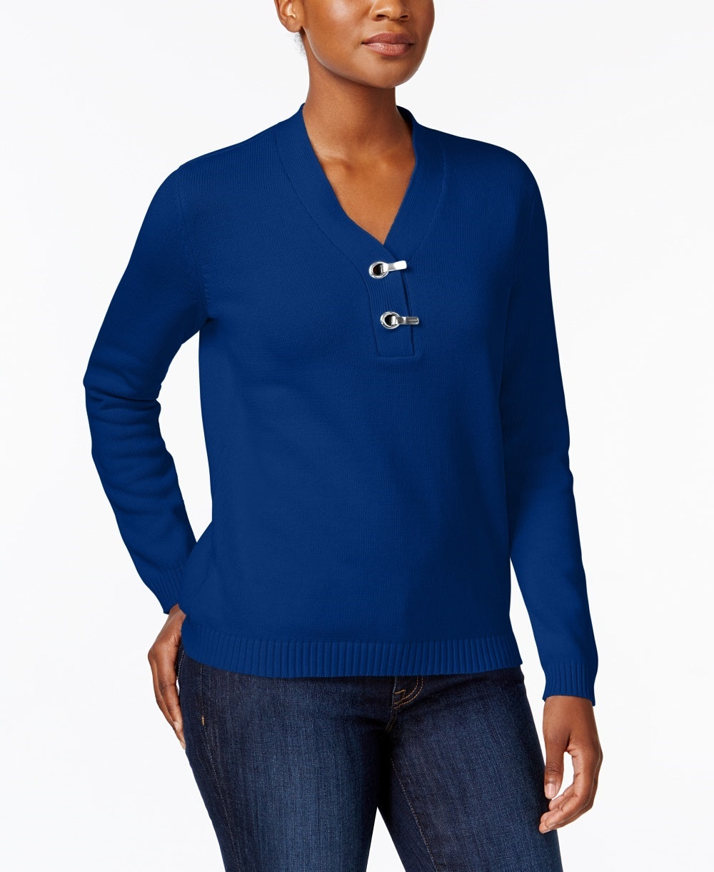 Karen Scott Women's Hardware V-Neck Cotton Sweater Blue Size X-Small