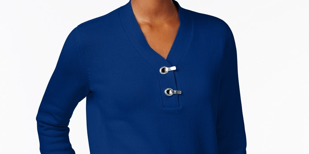 Karen Scott Women's Hardware V-Neck Cotton Sweater Blue Size X-Small