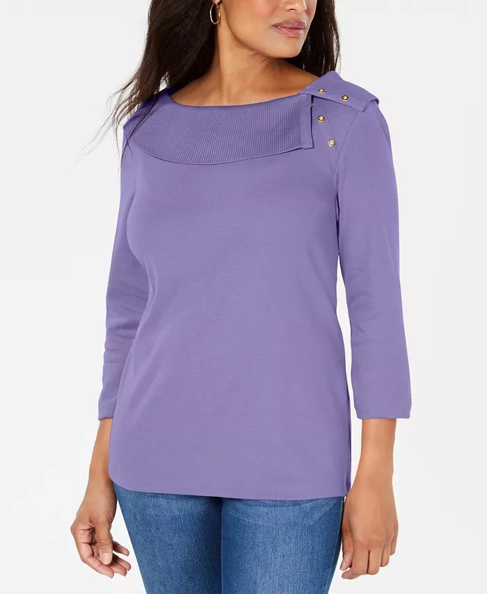 Karen Scott Women's Cotton Shawl Collar Button Top Purple Size Large