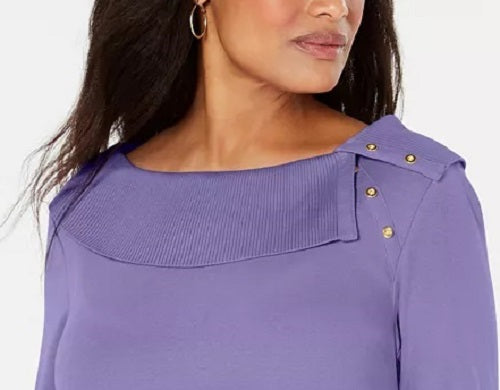 Karen Scott Women's Cotton Shawl Collar Button Top Purple Size Large