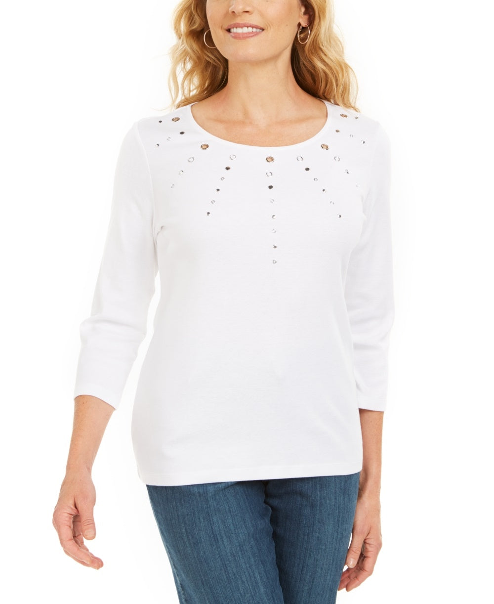 Karen Scott Women's Cotton Grommet Hardware Top  White Size Petite Small