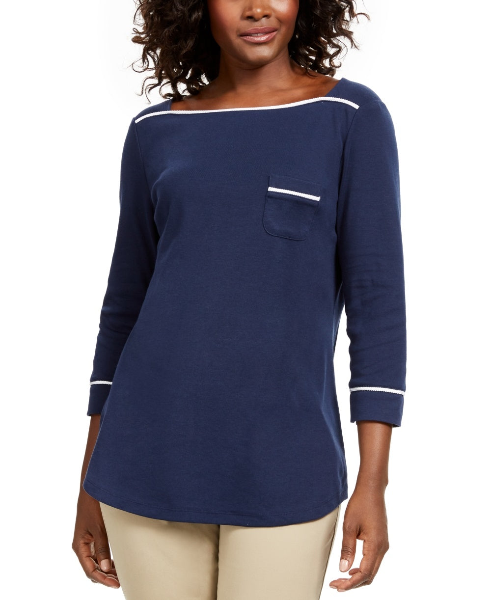 Karen Scott Women's Piping Trim T-Shirt Navy Size Petite Large