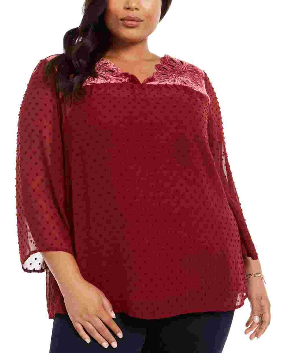 Style & Co Women's Plus Velveteen Eyeles Blouse Red Size 0X