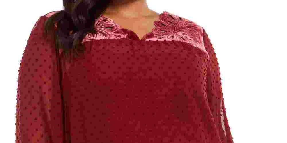 Style & Co Women's Plus Velveteen Eyeles Blouse Red Size 0X