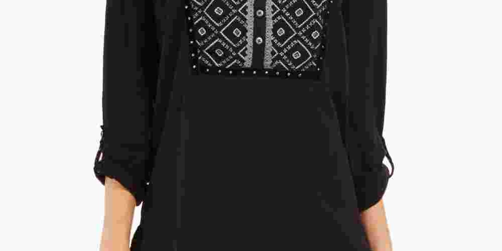 Style & Co Women's Printed Roll Tab Sleeve Top Black Size Petite Large