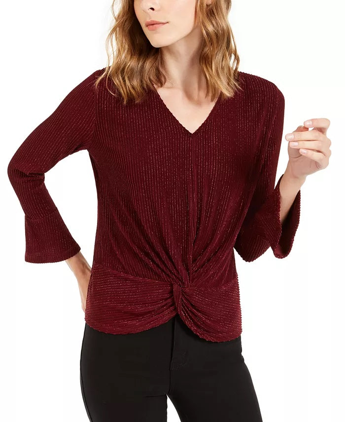 Alfani Women's Striped Metallic Twist Hem Top Wine Size Medium