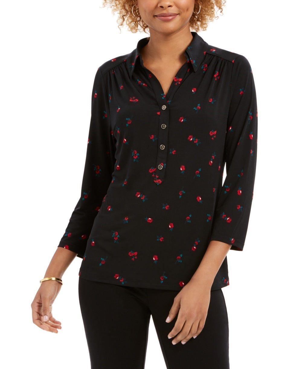 Charter Club Women's 3/4 Sleeve Printed Polo Top  Black Size Medium