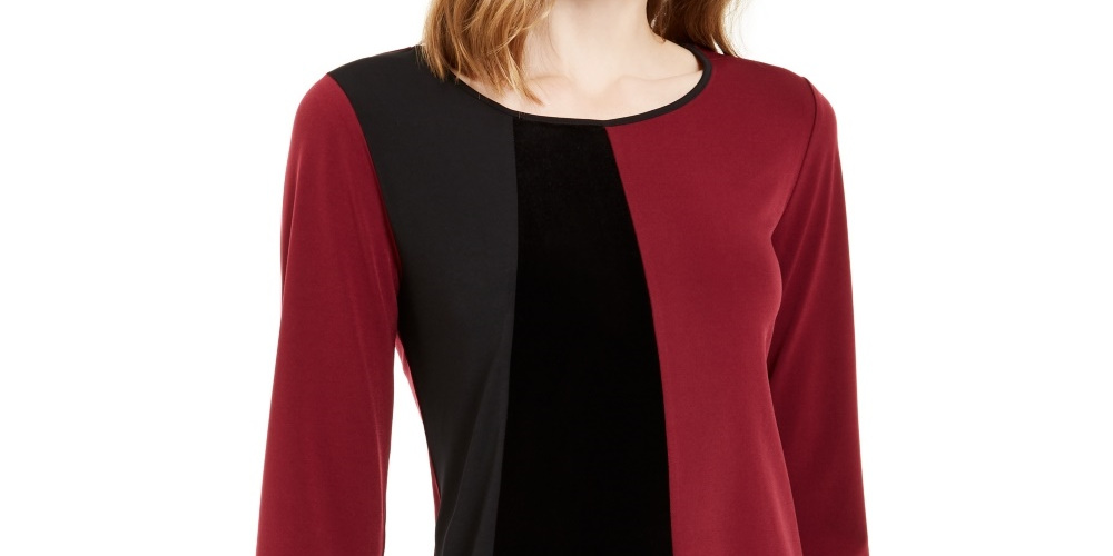 Alfani Women's Asymmetrical Hem Colorblocked Top  Wine Size Petite Small