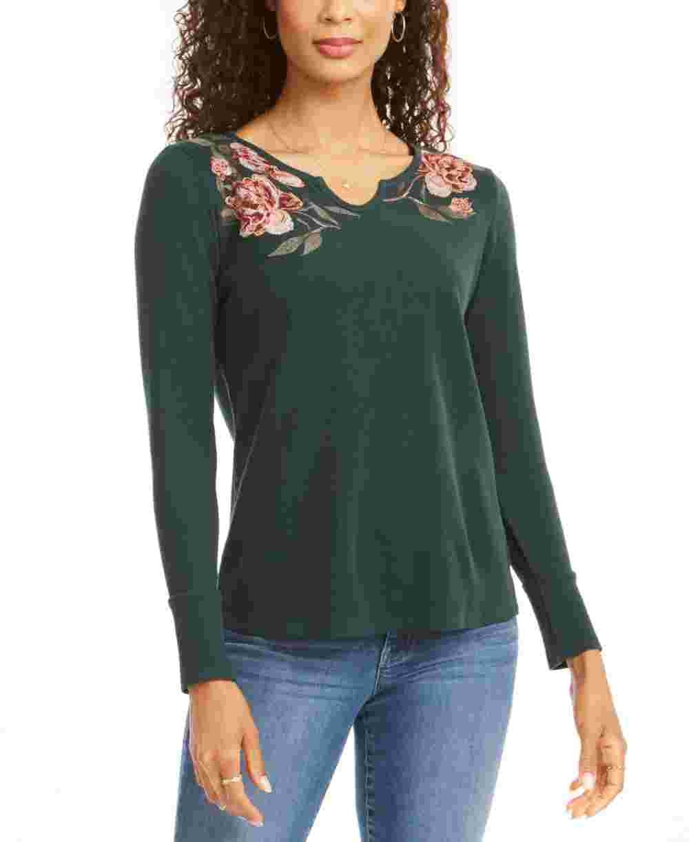 Style & Co Women's Petite Embroidered Cotton Thermal Top  Green PP