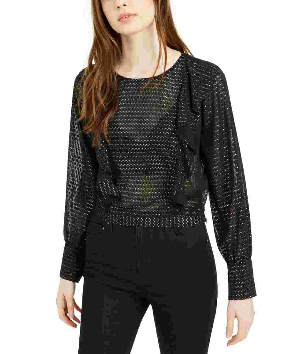 Bar III Women's Printed Long Sleeve Jewel Neck Top Black Size Large
