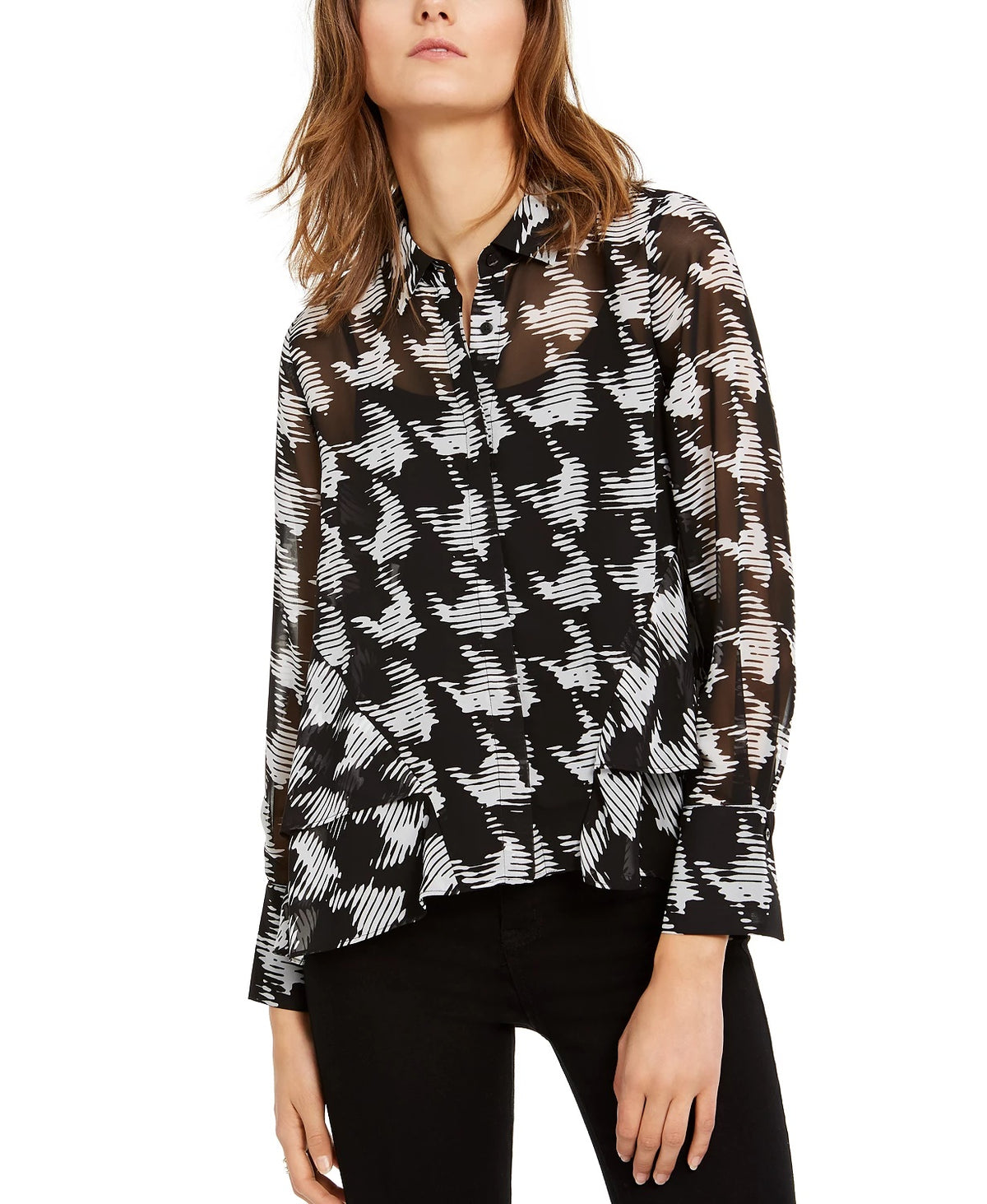 INC International Concepts Women's Houndstooth Shirt Black Size Small