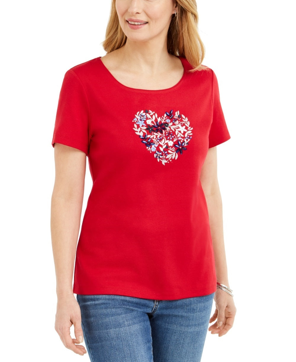 Karen Scott Women's Cotton Embellished Heart Top Bright Red Size Small