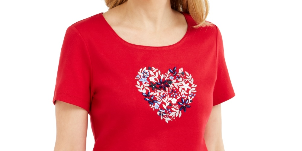 Karen Scott Women's Cotton Embellished Heart Top Bright Red Size Small
