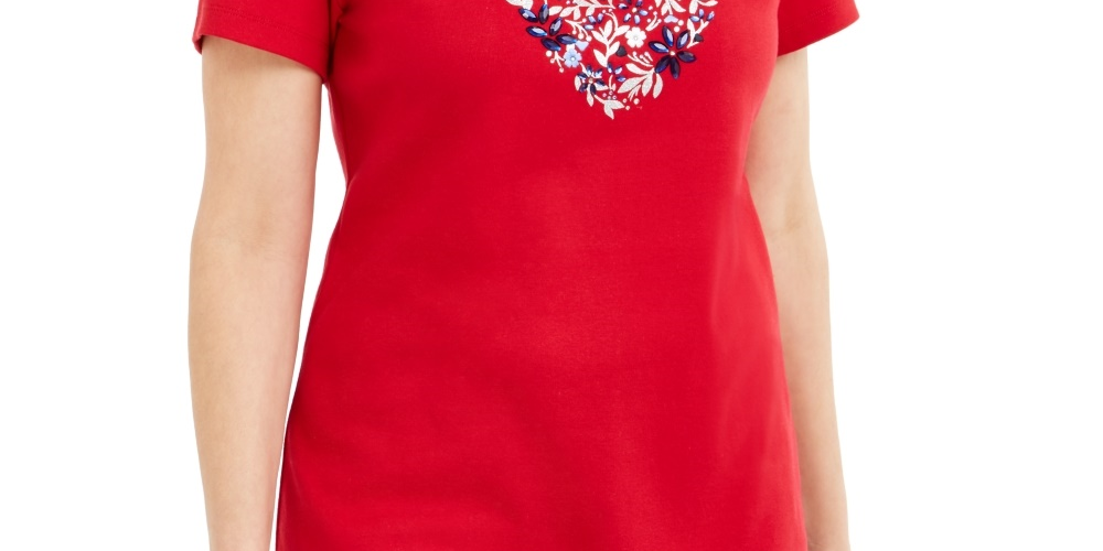 Karen Scott Women's Cotton Embellished Heart Top Bright Red Size Small