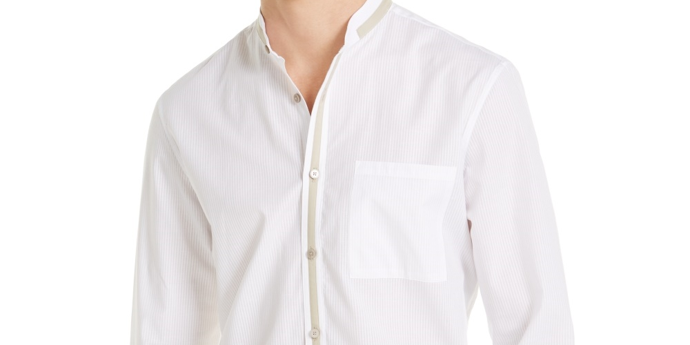 Alfani Men's Band Collar Stripe Button Down Shirt White Size X-Large