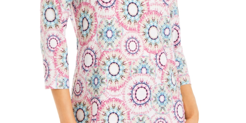 JM Women's Collection Printed 3/4-Sleeve Jacquard Top Navy Size Medium