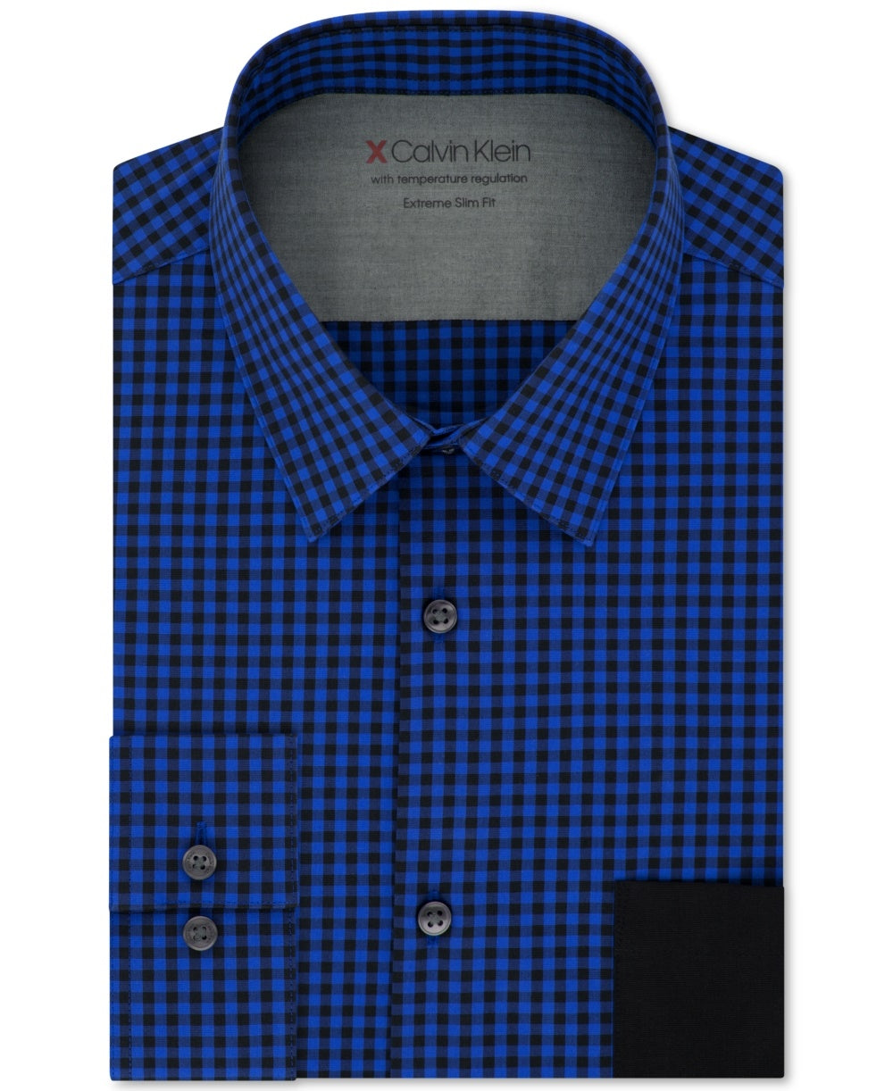Calvin Klein Men's Extra Slim-Fit Performance Stretch Temperature Regulating Check Dress Shirt Blue Size 34x35