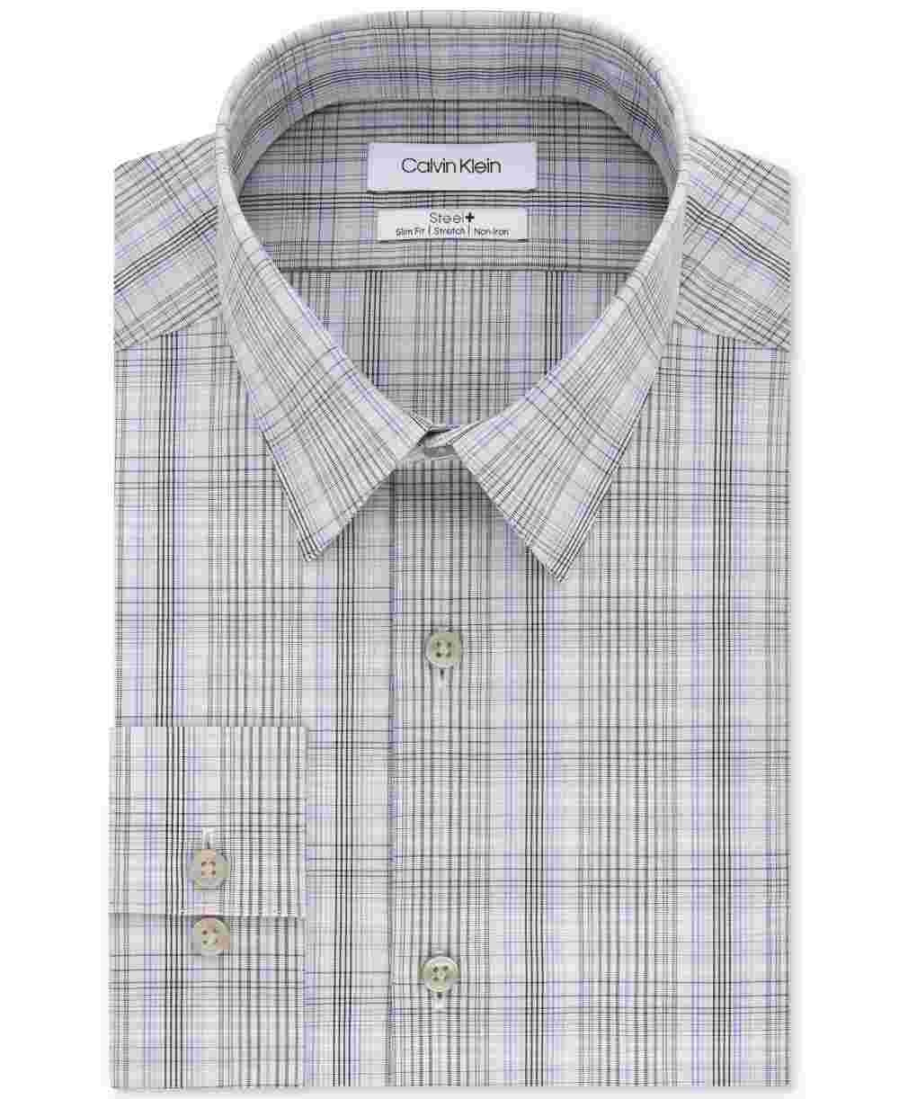 Calvin Klein Men's Plaid Collared Work Dress Shirt -Beige Size 15.5X34-35