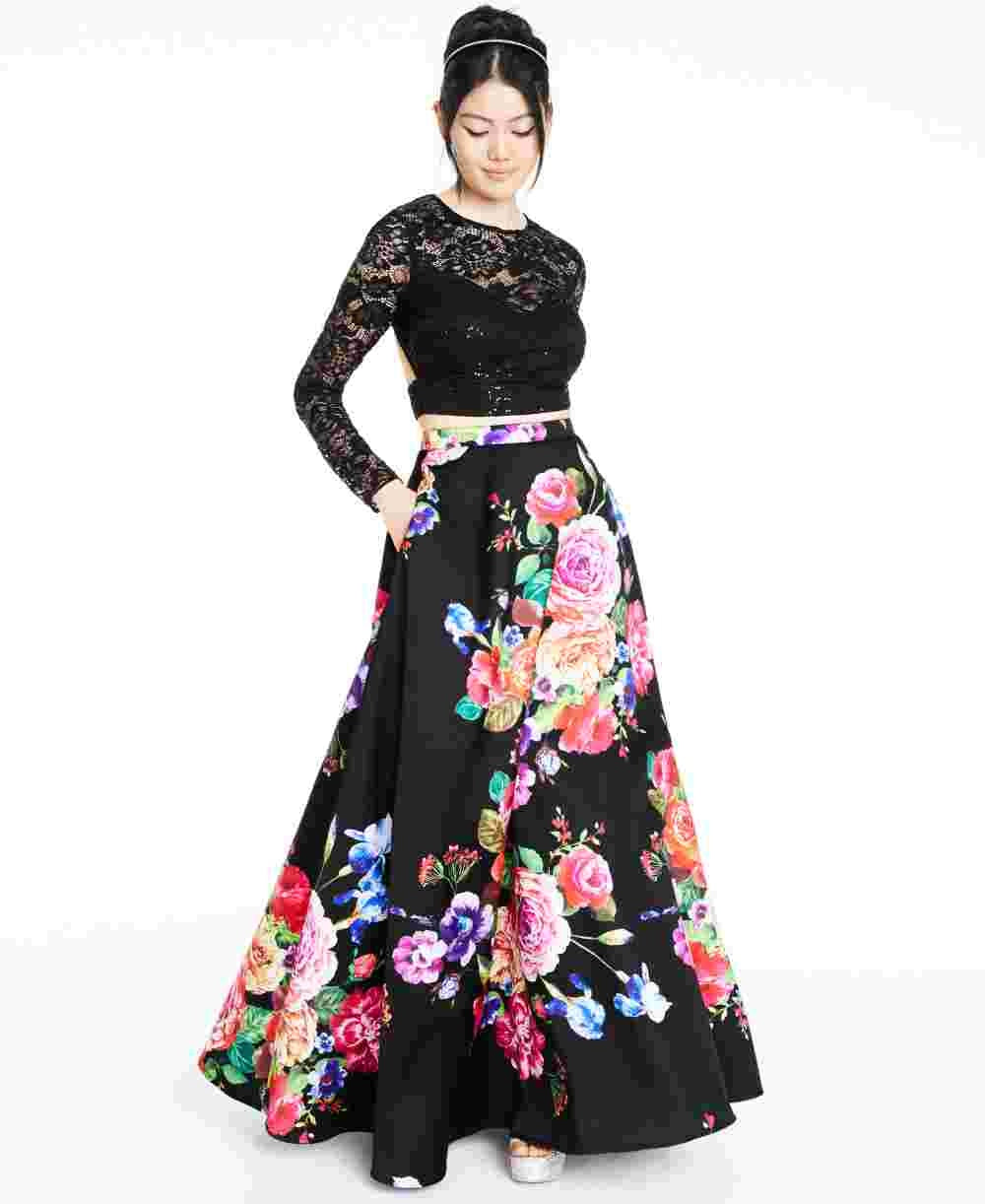 B Darlin Junior's 2 Pc Lace & Floral Print Gown Black Size 9-10