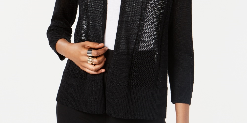 Alfani Women's Mixed Stitch Open Front Cardigan  Black Size Petite Large