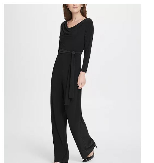 DKNY Women's Jersey Cowl Neck Belted Jumpsuit Black Size 8