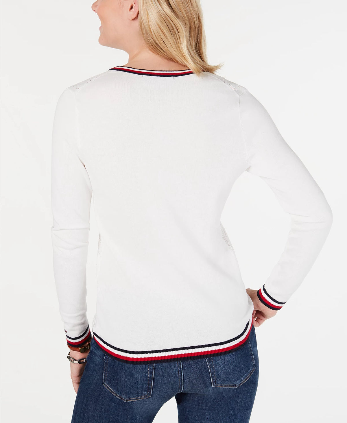 Tommy Hilfiger Women's Cotton Pointelle Striped Trim Sweater Blue Size Small