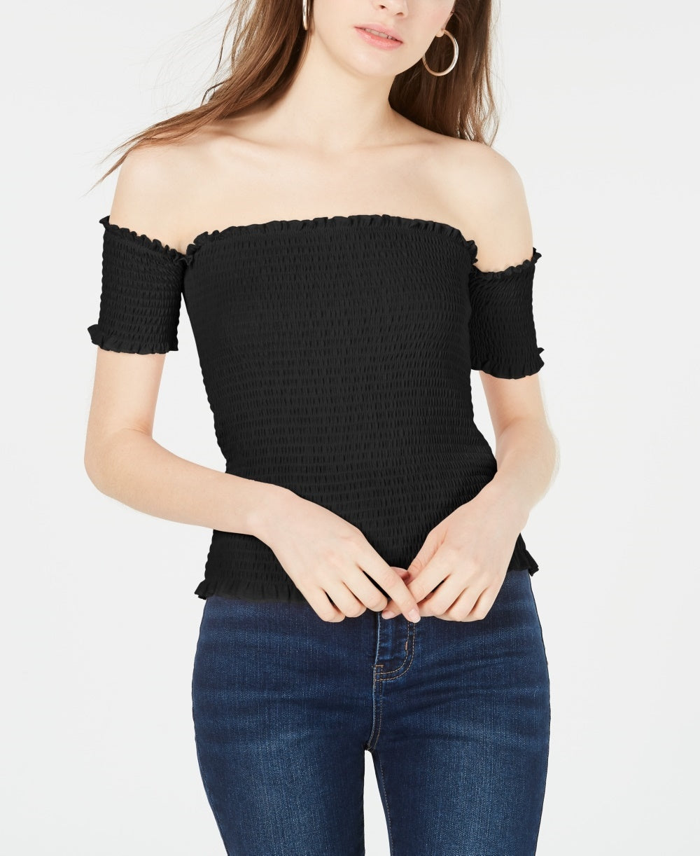 Crave Fame Junior's Smocked Off The Shoulder Crop Top Black Size Small