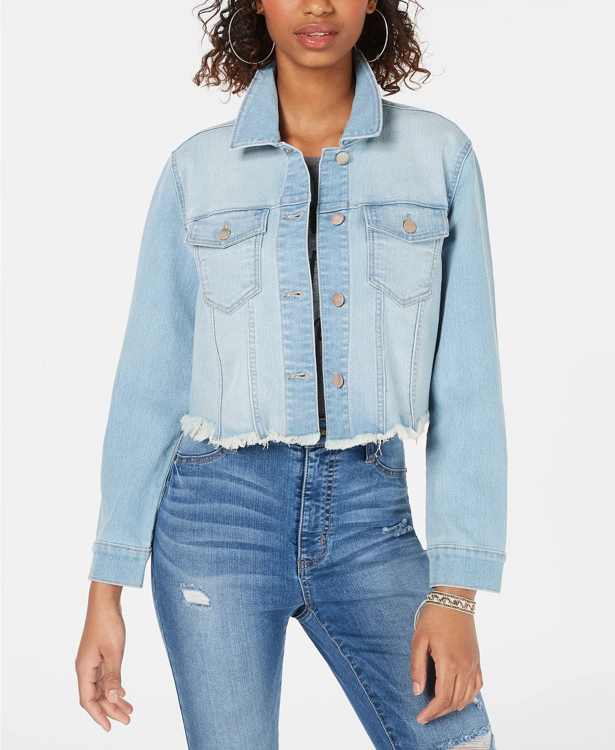 Tinseltown Juniors' Cropped Raw-Edged Denim Jacket Bright Blue Size Small