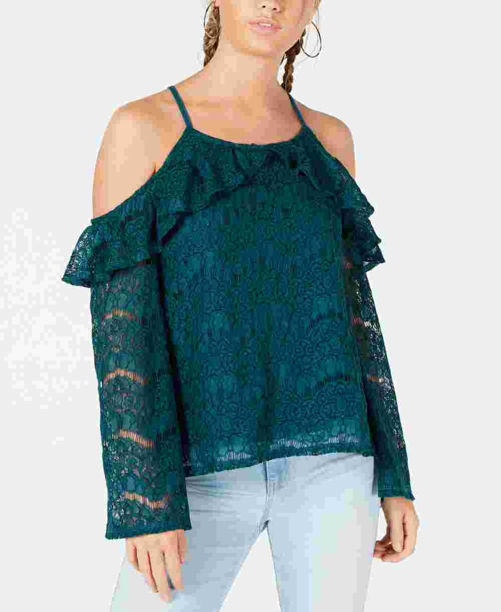 Ultra Flirt Women's Deep Teal Small Lace Cold Shoulder Top Green Size Small