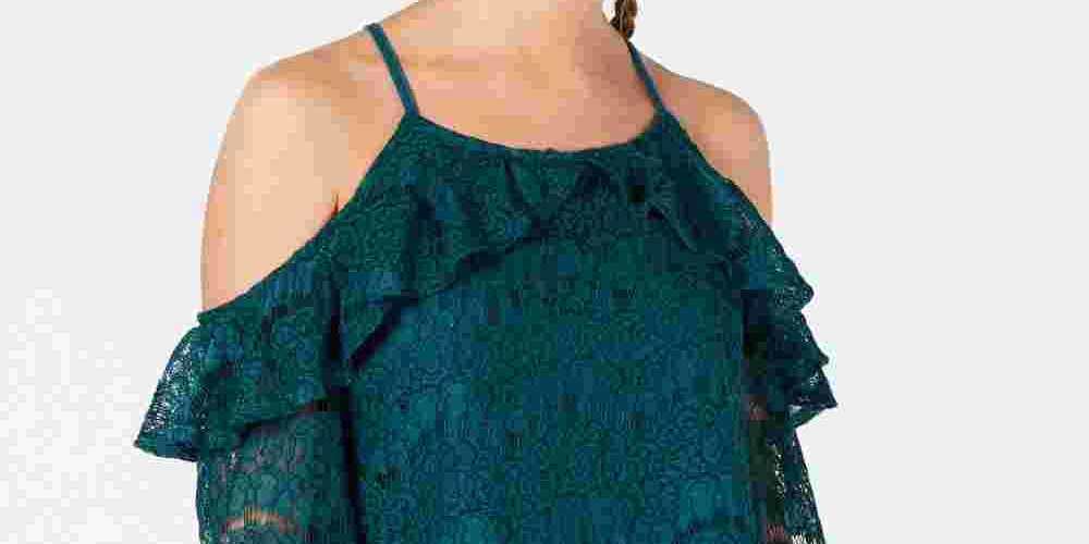 Ultra Flirt Women's Deep Teal Small Lace Cold Shoulder Top Green Size Small